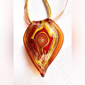 Murano Style Blown Glass Multi-Color Geometric Tear Drop Shaped Pendant Necklace